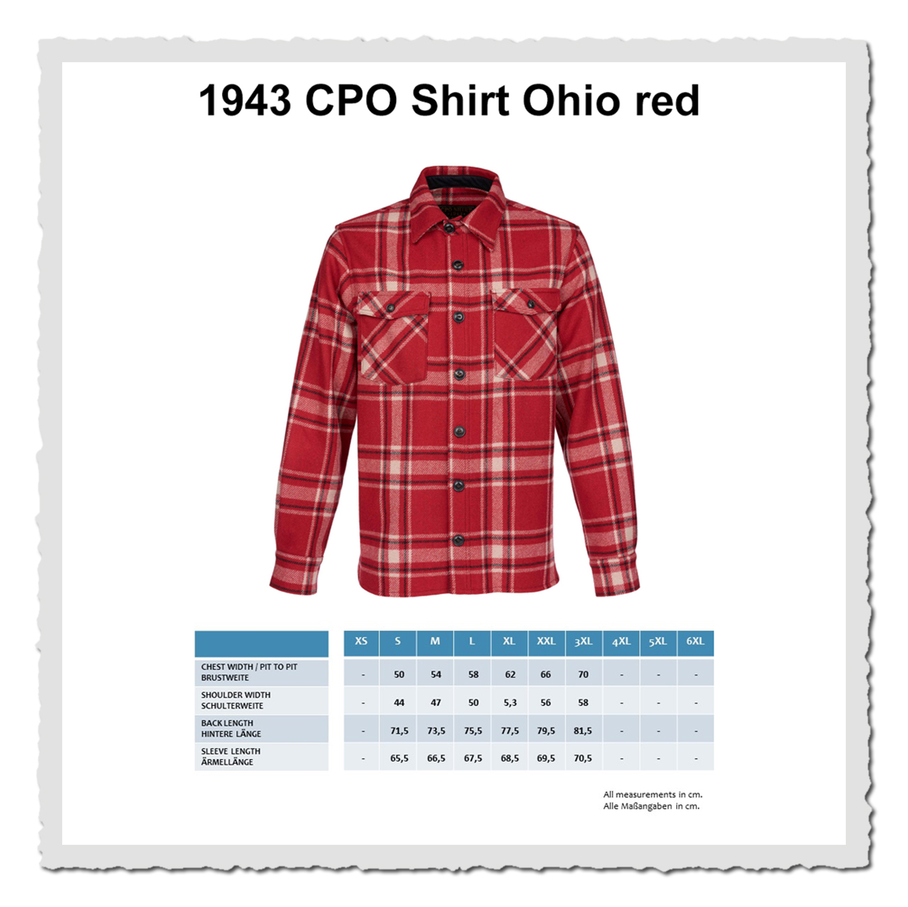 Masstabelle vom Workwear Hemd Pike Brothers 1943 Ohio red kariert Baumwolle